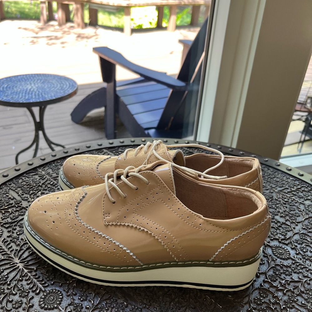 DADAWEN WING TIP OXFORD SHOES IN PATENT APRICOT TAN 42 9.5 - Picture 6 of 12